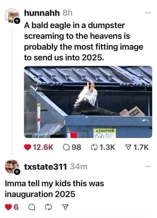 A screenshot of a social media post shows a bald eagle perched on the edge of a dumpster, its head tilted back as if…