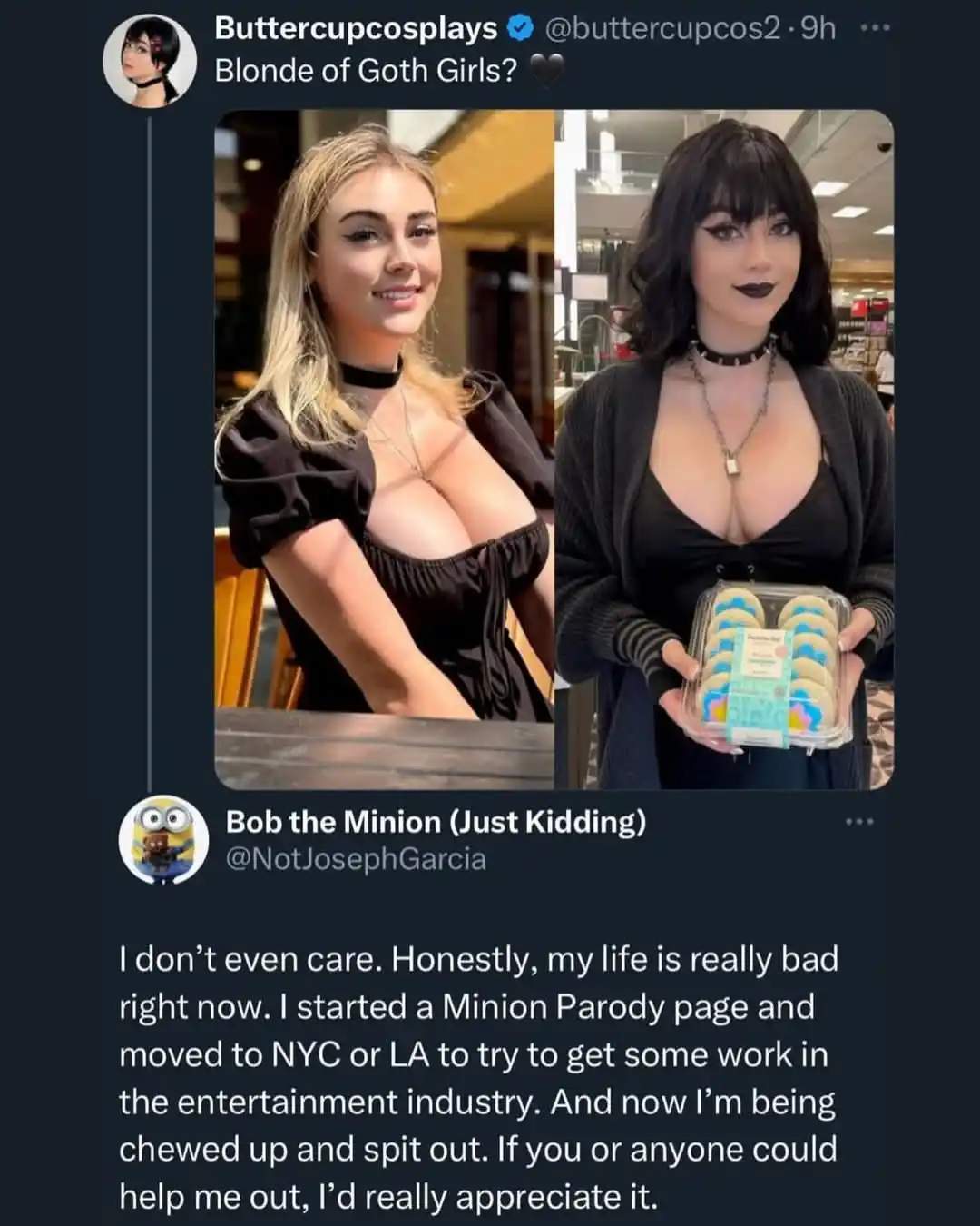 A side-by-side image shows two women in goth-style outfits. The woman on the left has blonde hair and wears a black dress…