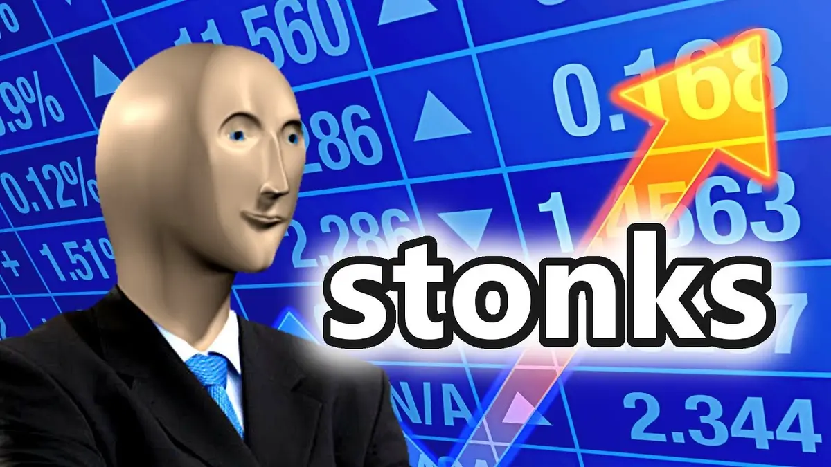 A bald, faceless man in a suit and blue tie stands before a blue stock ticker background filled with numbers and arrows. A…