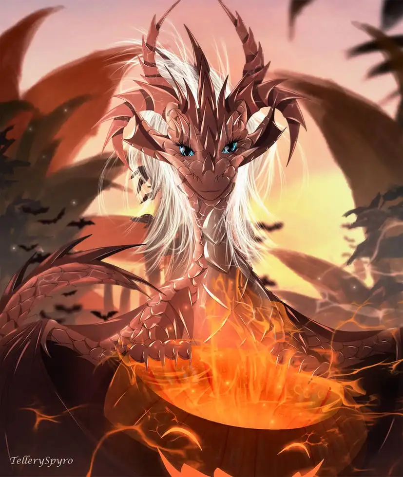 A stylized, anime-inspired dragon with white hair and blue eyes, sitting atop a glowing jack-o'-lantern filled with fire…