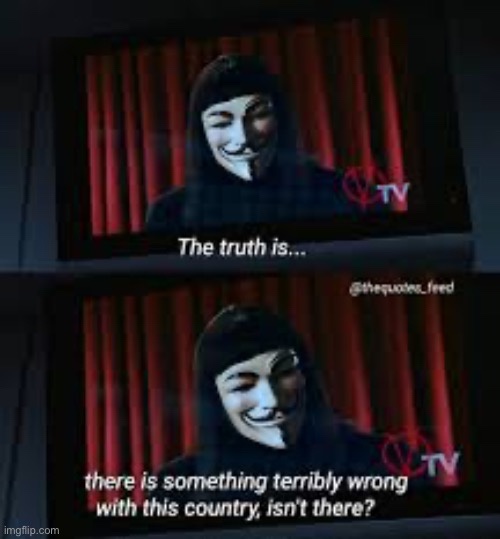 Two stacked TV screens show a person in a Guy Fawkes mask against red curtains, with the top screen displaying 'The truth…