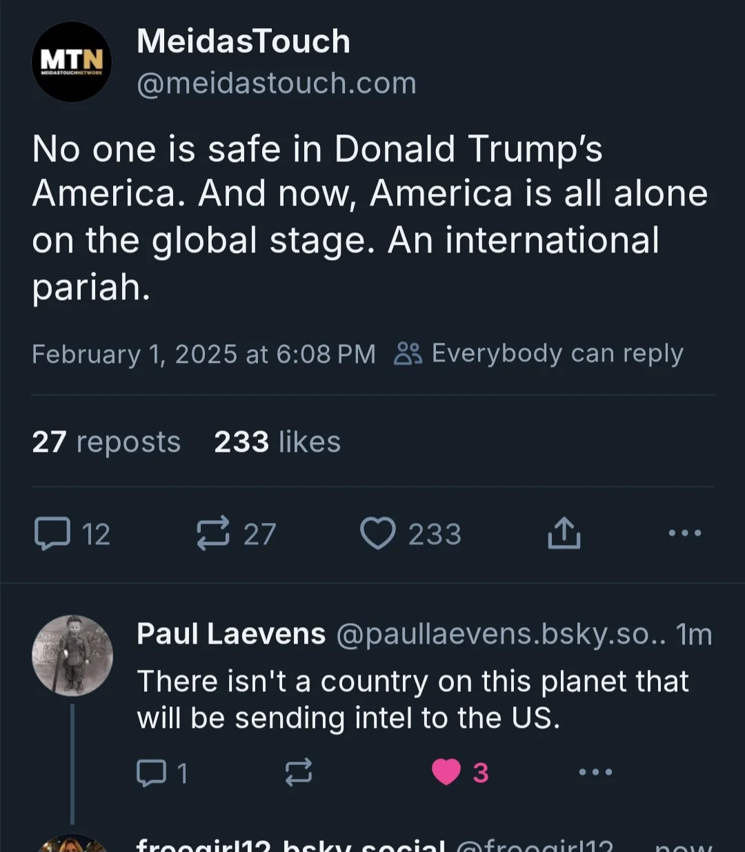 A screenshot of a social media thread showing a post by 'MeidasTouch' claiming America is an international pariah under…