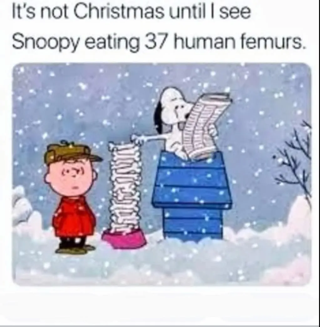A snowy scene from the Peanuts comic strip shows Charlie Brown in a red coat and cap standing beside a tall stack of human…