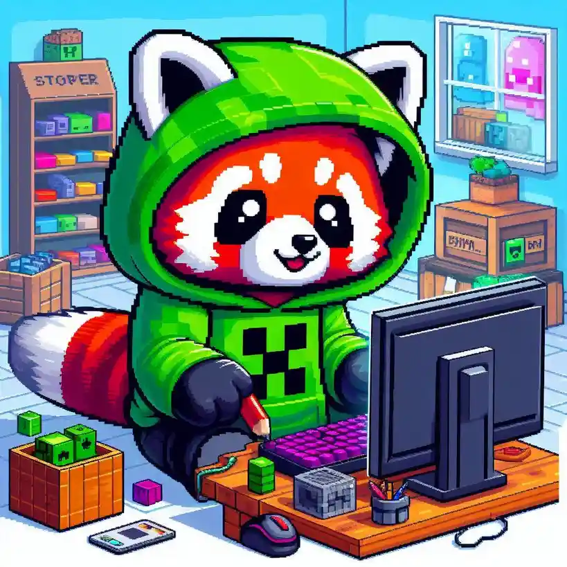 A pixel-art red panda wearing a green Minecraft-style hoodie sits at a wooden desk with a computer, keyboard, mouse, and…