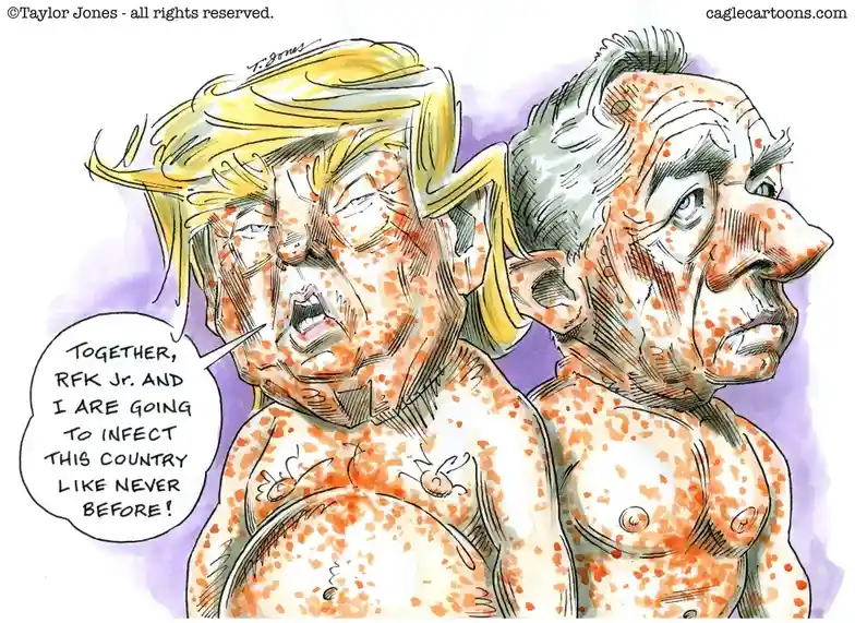 A political cartoon depicts two shirtless, elderly men with orange spots covering their skin, resembling measles or…