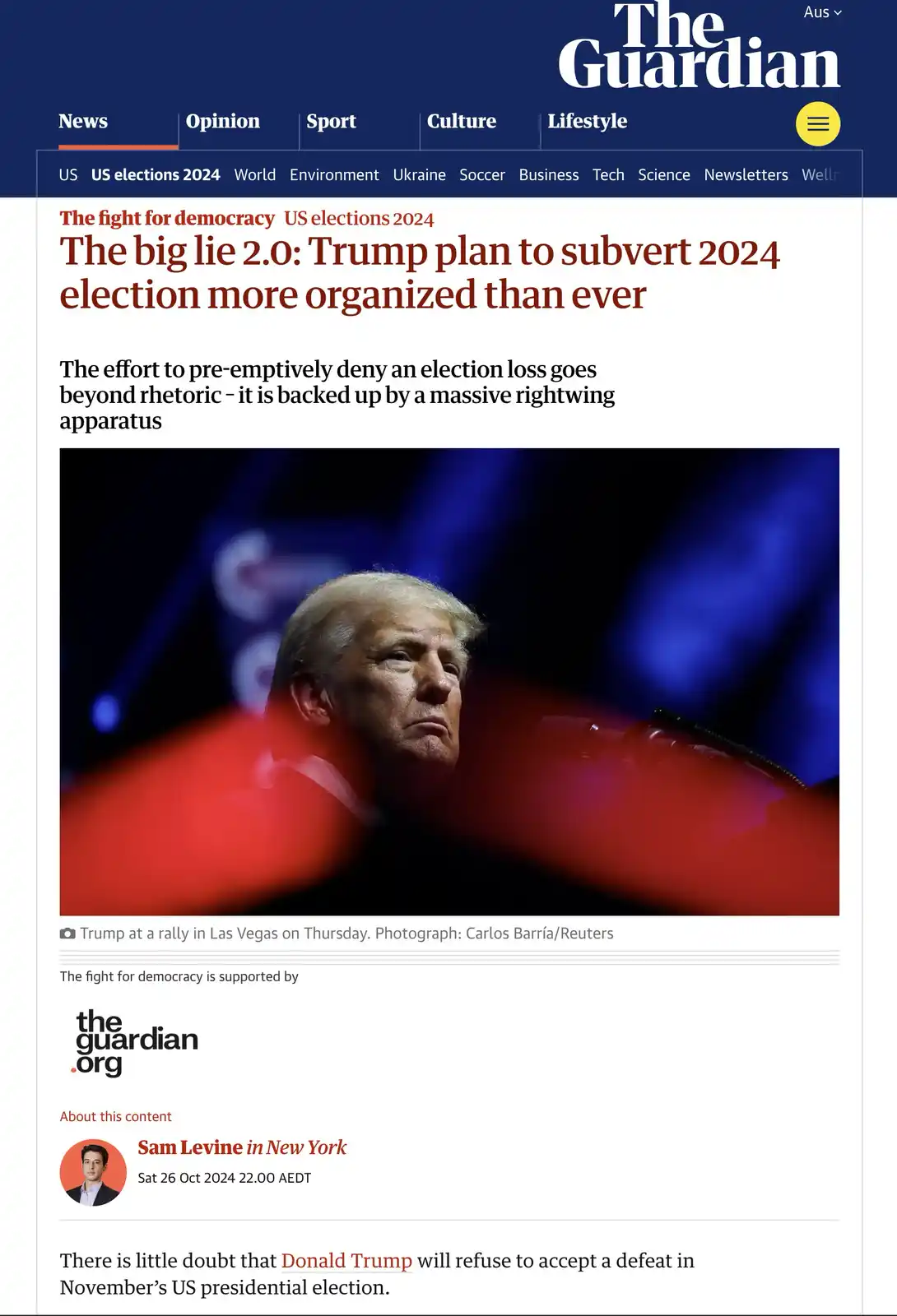 The image is a screenshot of a The Guardian news article titled 'The big lie 2.0: Trump plan to subvert 2024 election more…