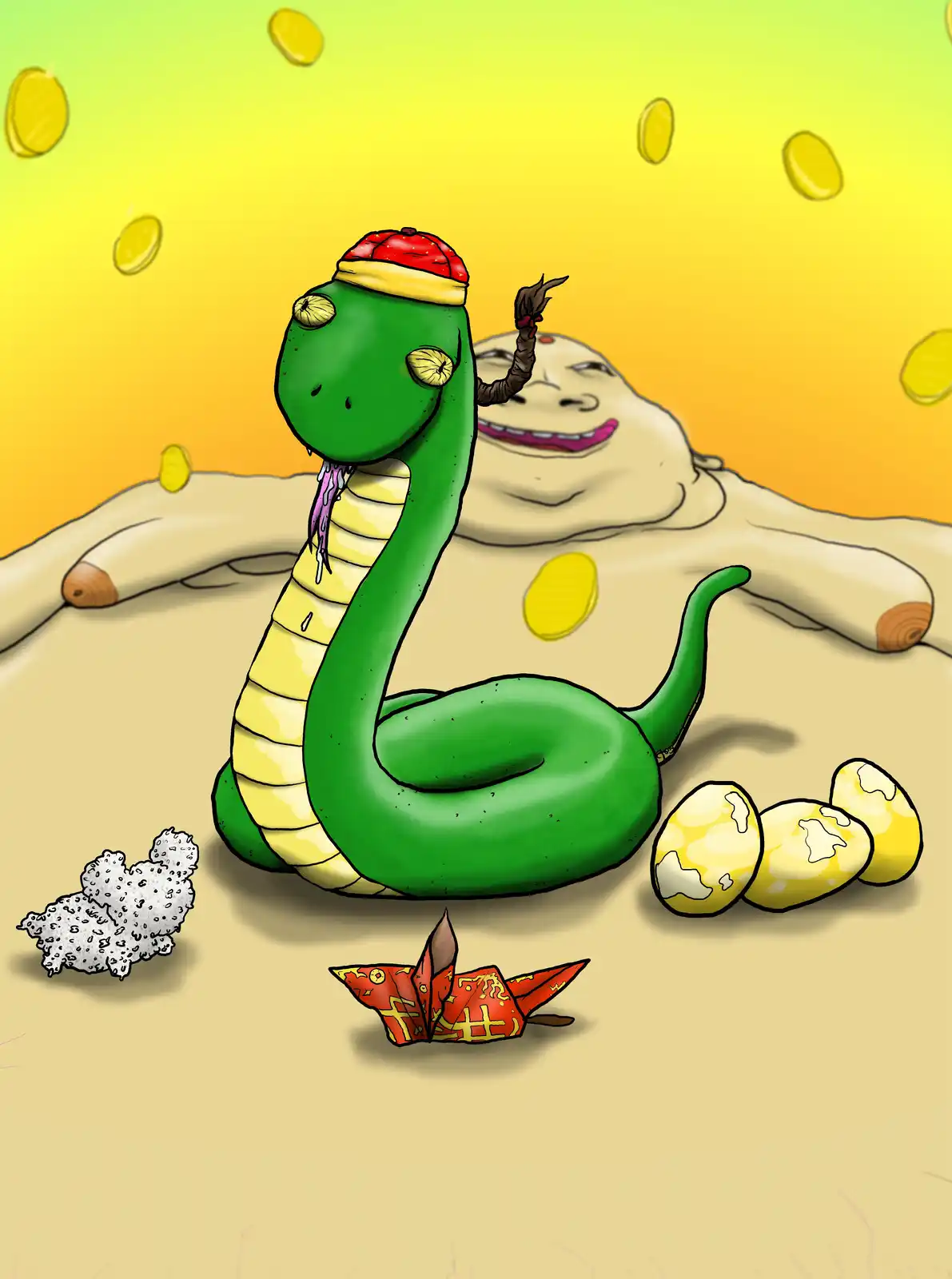 A cartoon green snake wearing a red and yellow cap stands in front of a smiling, face-like rock formation. Gold coins rain…