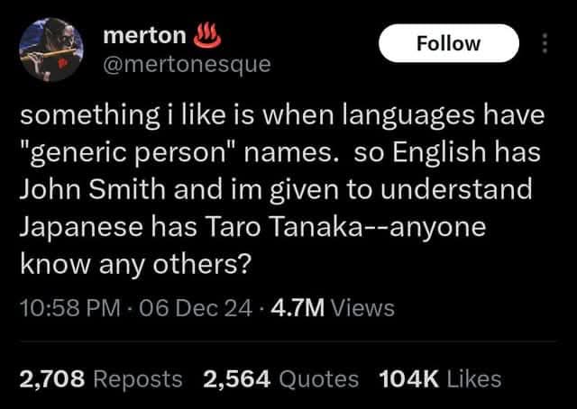 A screenshot of a tweet by user @mertonesque, posted on December 6, 2024, at 10:58 PM. The tweet reads: 'something i like is…