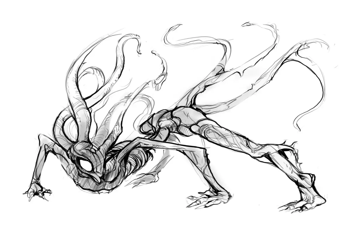 A black-and-white sketch depicts a grotesque, multi-limbed creature with tentacles and clawed hands, drawn in a dynamic…