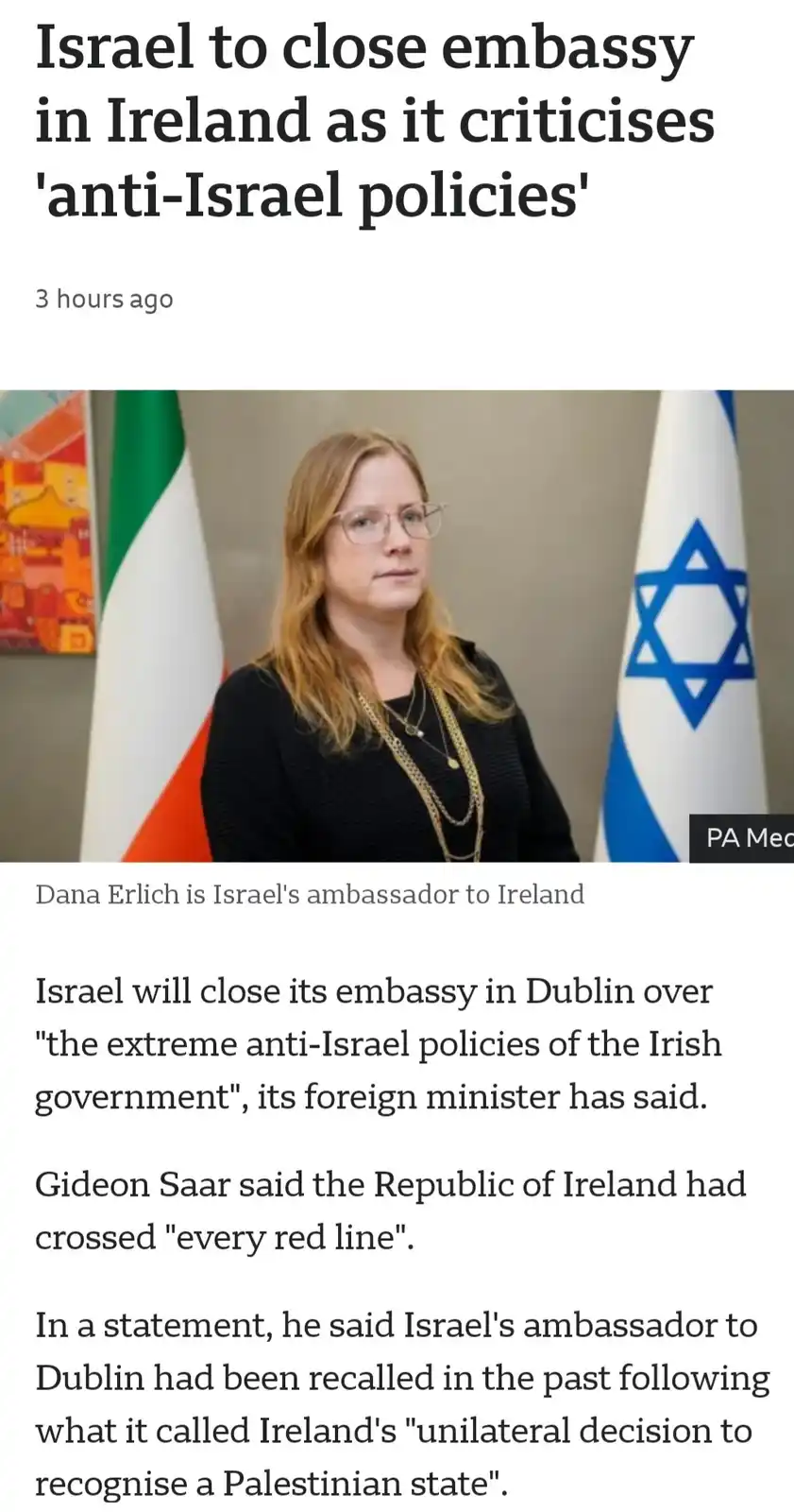 A screenshot of a news article shows a woman, identified as Israel's ambassador to Ireland, Dana Erlich, standing between…