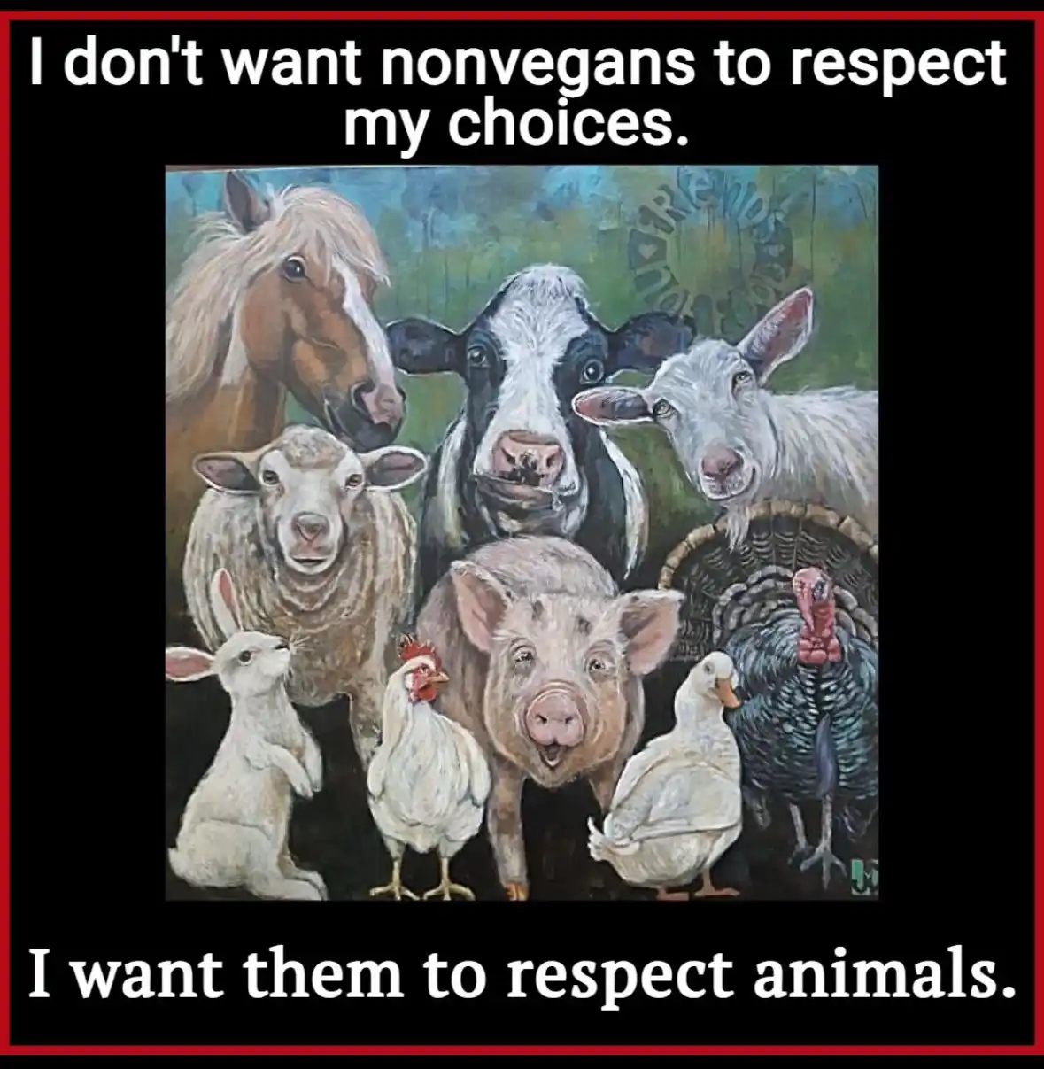 A painting of various farm animals including a horse, cow, goat, sheep, pig, turkey, chicken, duck, and rabbit, all looking…