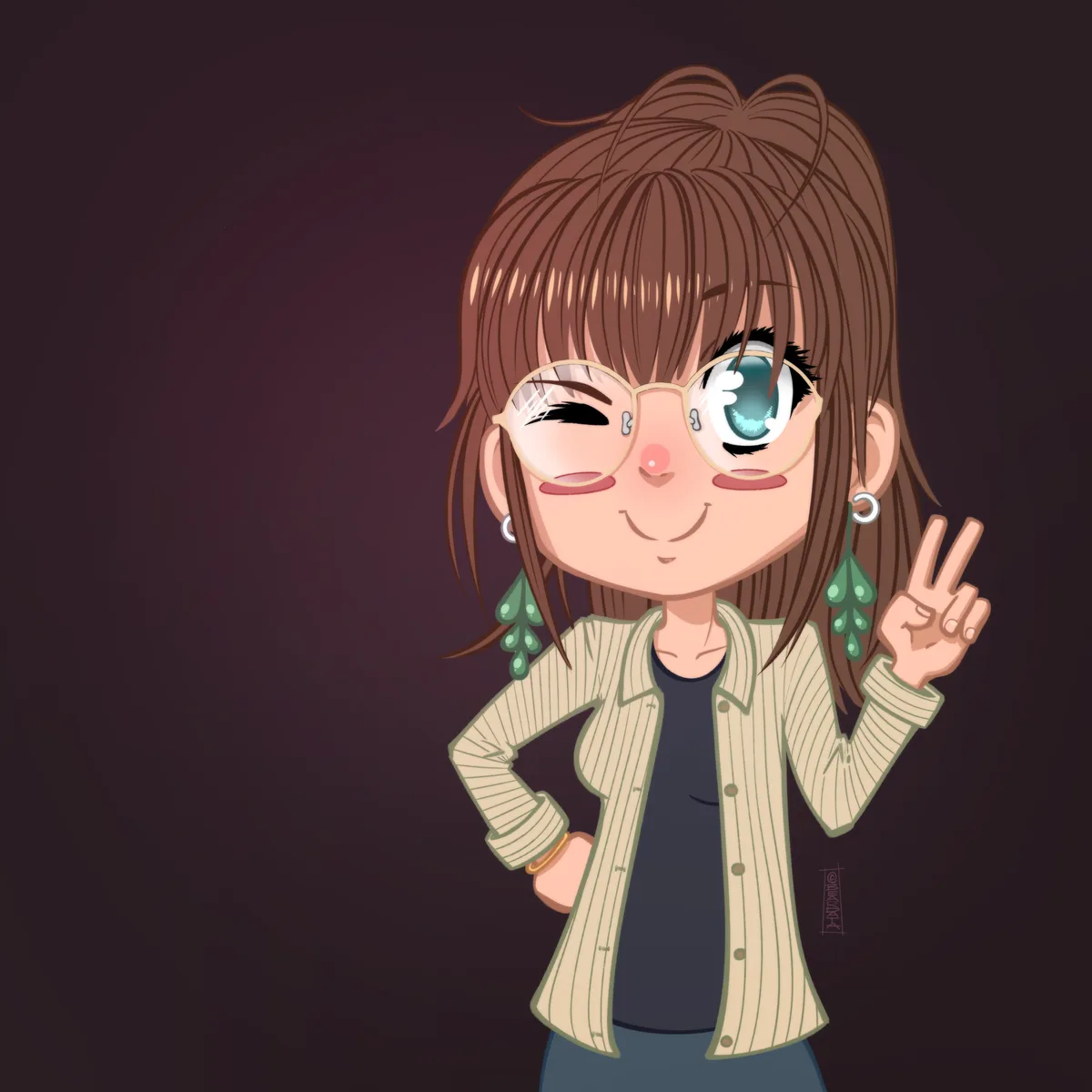 A chibi-style anime girl with brown hair, glasses, and green leaf-shaped earrings winks at the viewer while making a peace…
