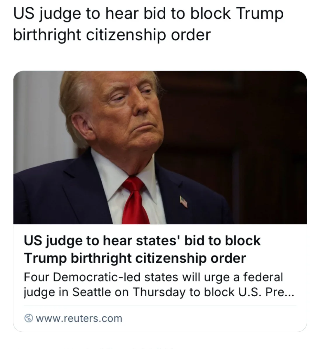 A screenshot of a news article from Reuters shows a photo of Donald Trump looking downcast, wearing a dark suit, white…