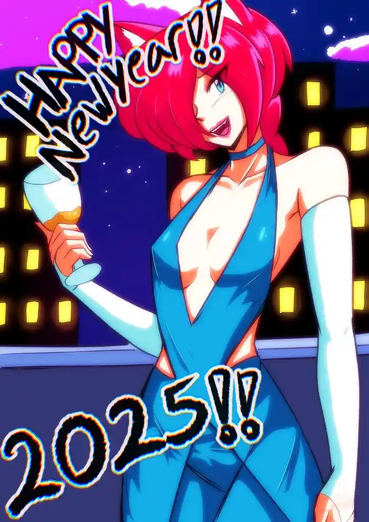 An anime-style woman with red hair and blue eyes, wearing a revealing blue dress, stands on a rooftop at night holding a…