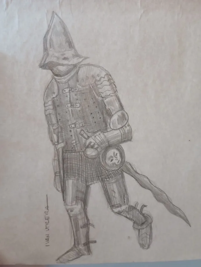 A pencil sketch of a medieval knight in full plate armor, including a pointed helmet obscuring the face, holding a sword and…