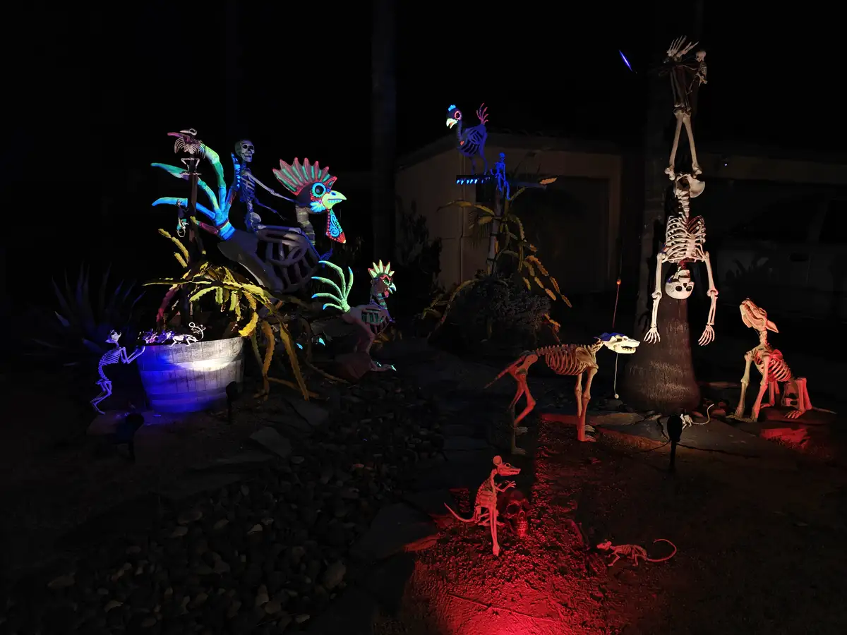 a nighttime outdoor scene features numerous glowing, colorful skeleton decorations of various animals and humans arranged in…
