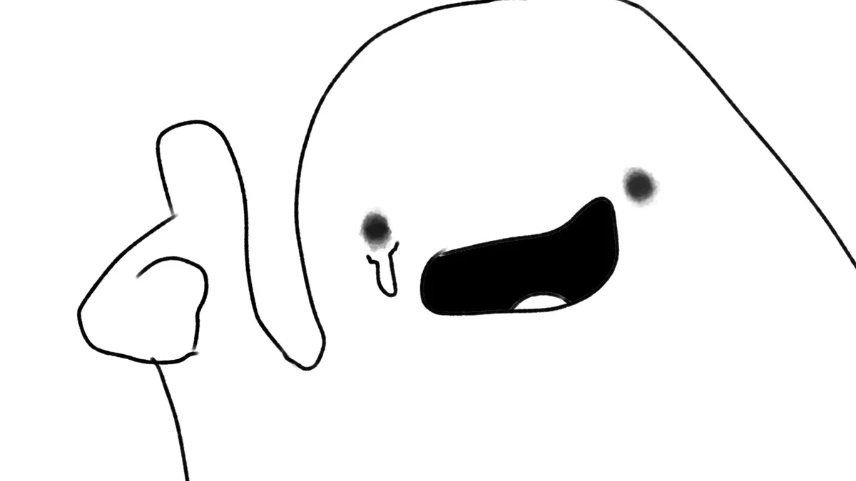 A simple black-and-white line drawing shows a round, smiling cartoon character with one tear falling from its eye. The…