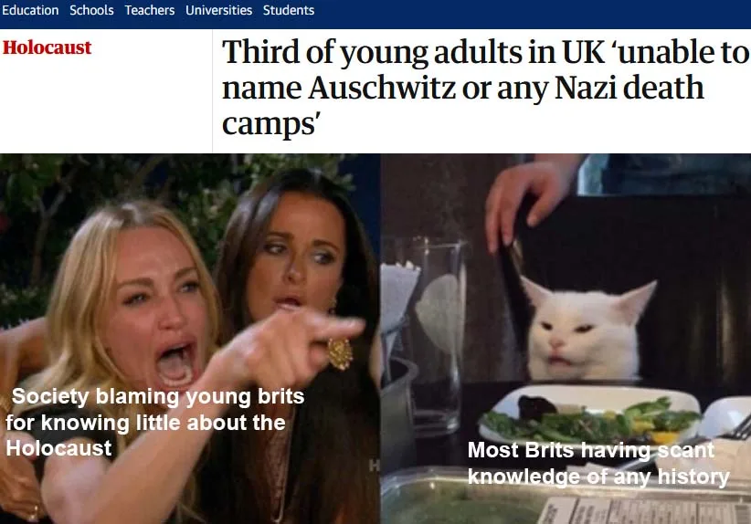 The image is a split-screen meme. On the left, a woman with blonde hair is yelling and pointing accusingly, while another…