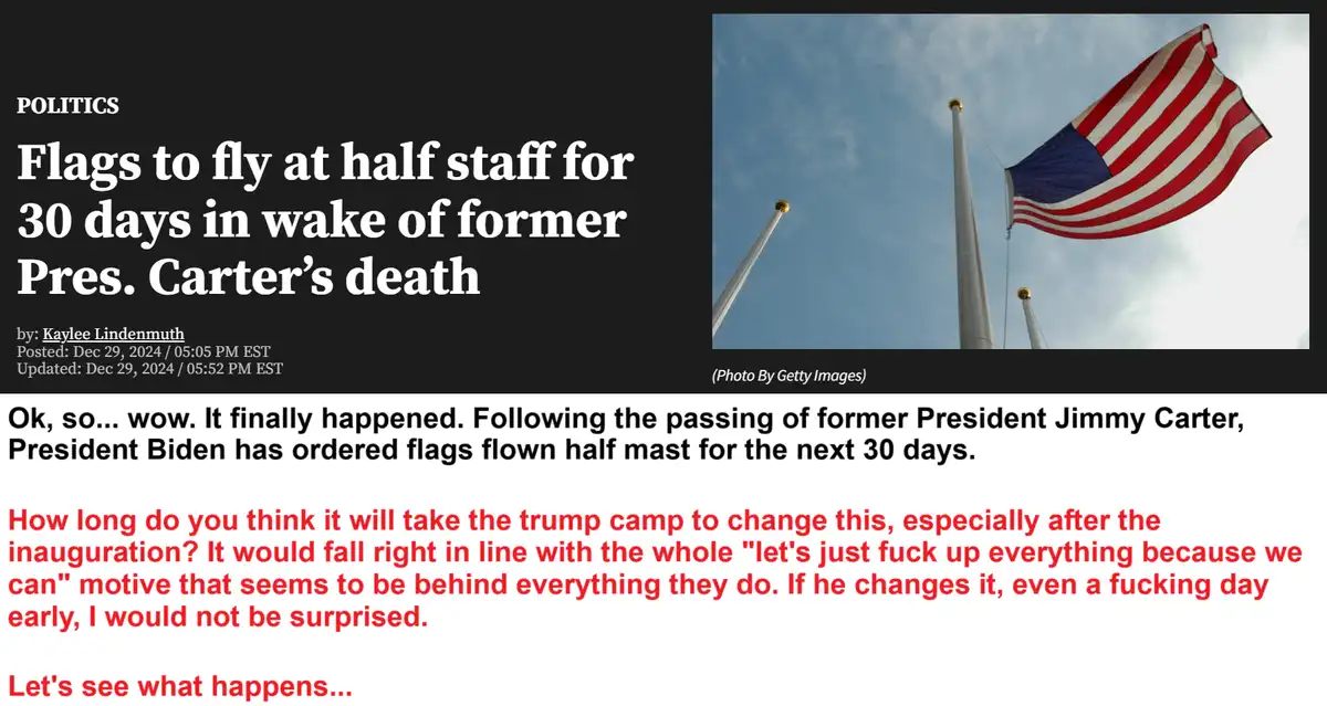 An image of an American flag flying at half-mast against a blue sky, overlaid with a news article snippet about President…