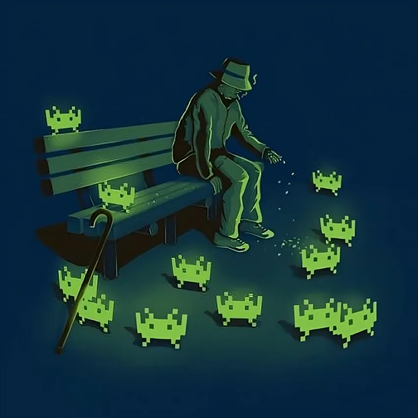 An elderly man in a fedora and trench coat sits on a park bench at night, scattering crumbs as glowing green pixelated alien…