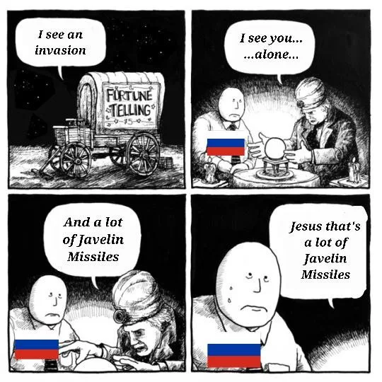 A four-panel black-and-white comic strip depicts a fortune teller with a Russian flag on their sleeve. In the first panel…