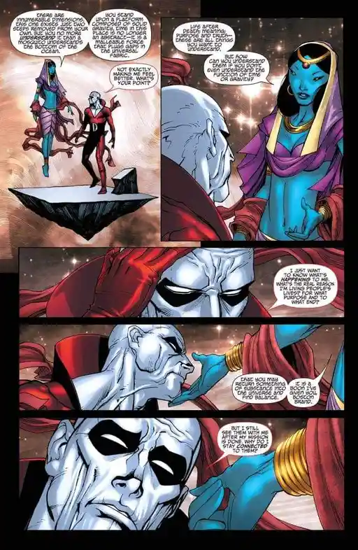 A comic book panel sequence featuring a blue-skinned woman in purple robes and a white-skinned man in red robes, with speech…