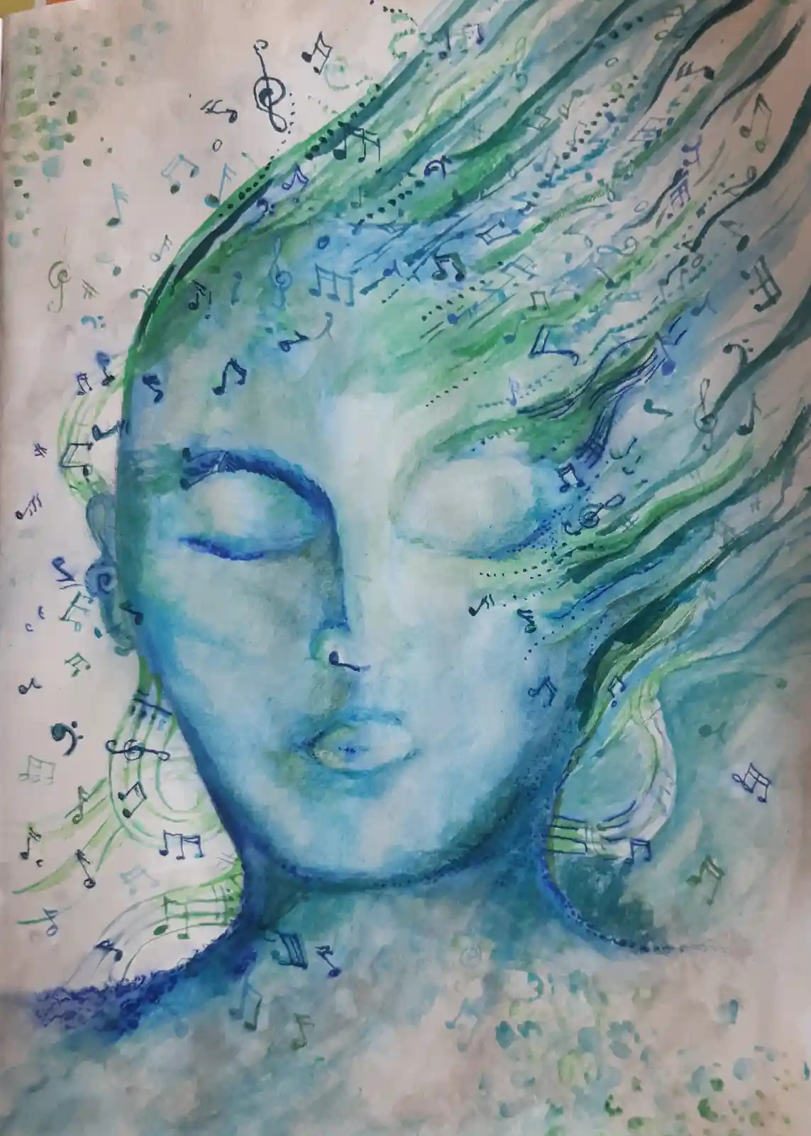 A watercolor painting depicts a serene, blue-toned face with closed eyes, surrounded by flowing green hair and scattered…
