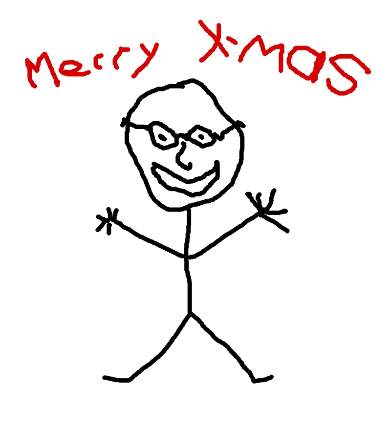 A simple black-and-white stick figure drawing of a smiling person with glasses, arms outstretched, against a plain white…