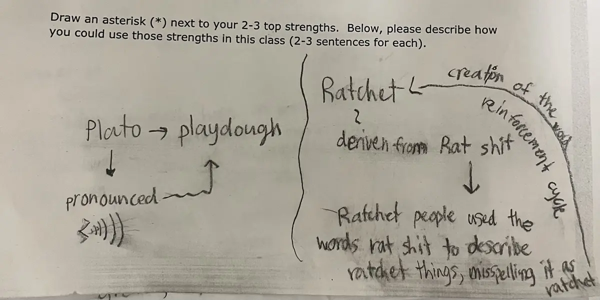 A handwritten student assignment response on paper, where the student humorously misinterprets 'Plato' as 'playdough' and…