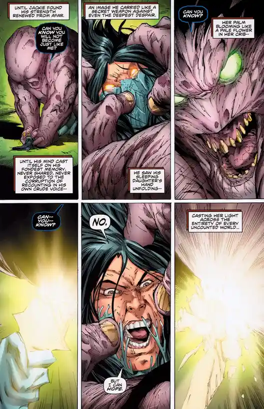 A comic panel sequence shows a monstrous, pink-skinned figure asking 'CAN YOU KNOW?' while holding a woman's face, then a…