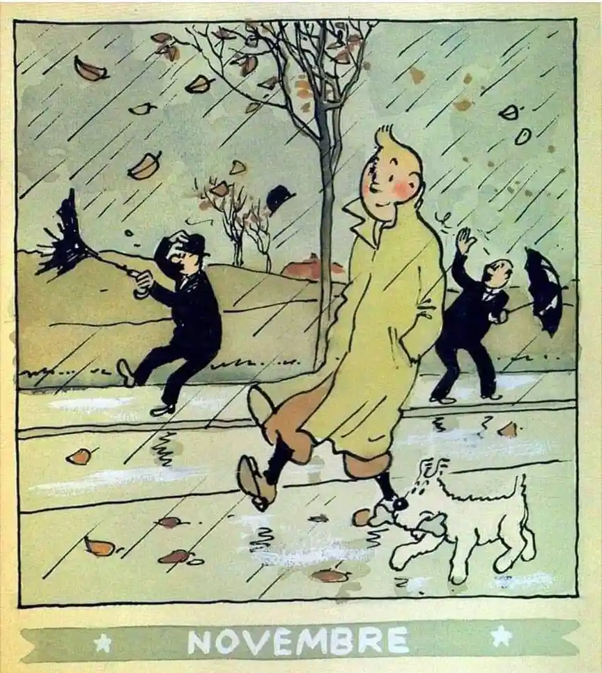 A vintage comic panel shows a cheerful boy in a yellow raincoat and a small white dog walking through falling autumn leaves…
