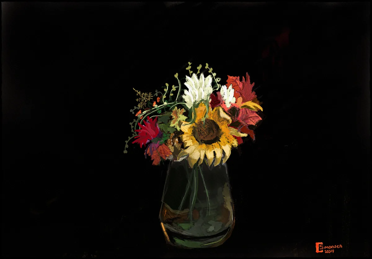 A digital painting depicts a vibrant bouquet of flowers, including a large sunflower, red and orange leaves, and white…