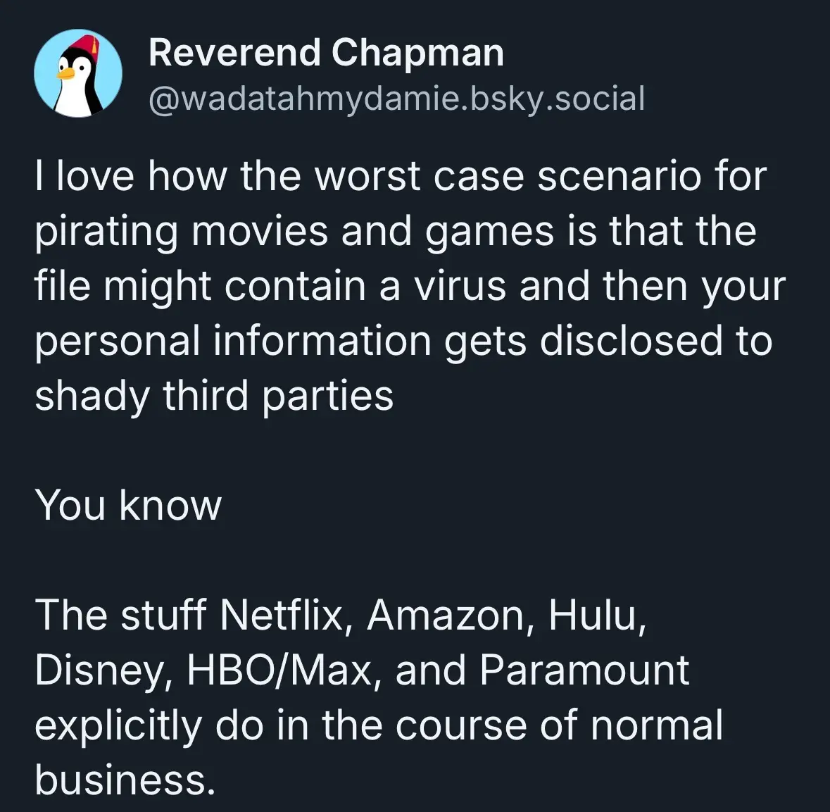 A screenshot of a social media post by 'Reverend Chapman' with a penguin avatar, criticizing the exaggerated fear of…