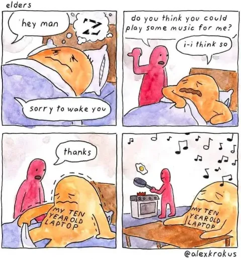 A four-panel comic shows a tired orange person in bed being woken by a pink person asking to play music. The orange person…