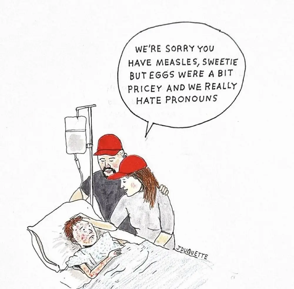 A cartoon depicts a child with measles lying in a hospital bed, being comforted by two adults wearing red caps. An IV drip…