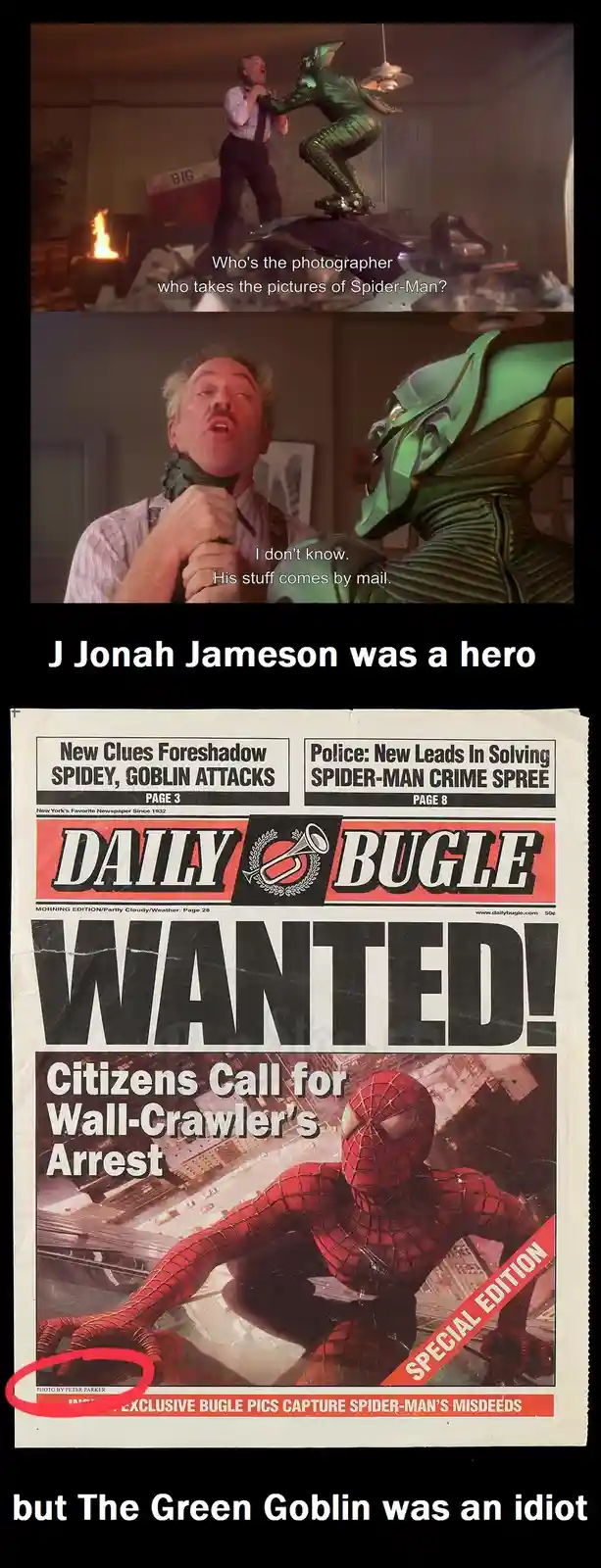 The meme features three panels: top shows the Green Goblin choking J Jonah Jameson, with text asking who takes Spider-Man's…