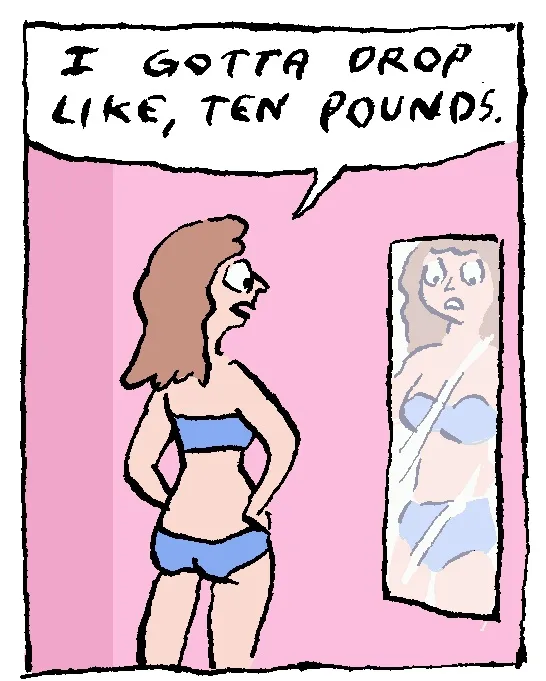 A cartoon woman in a blue bikini stands in front of a mirror, looking at her reflection with a determined expression. The…