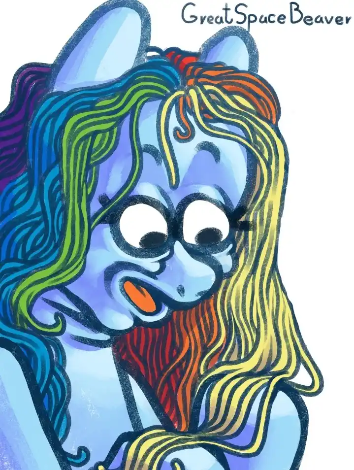 A stylized cartoon drawing of a blue-skinned, beaver-like creature with large, wide eyes and an open mouth, appearing…