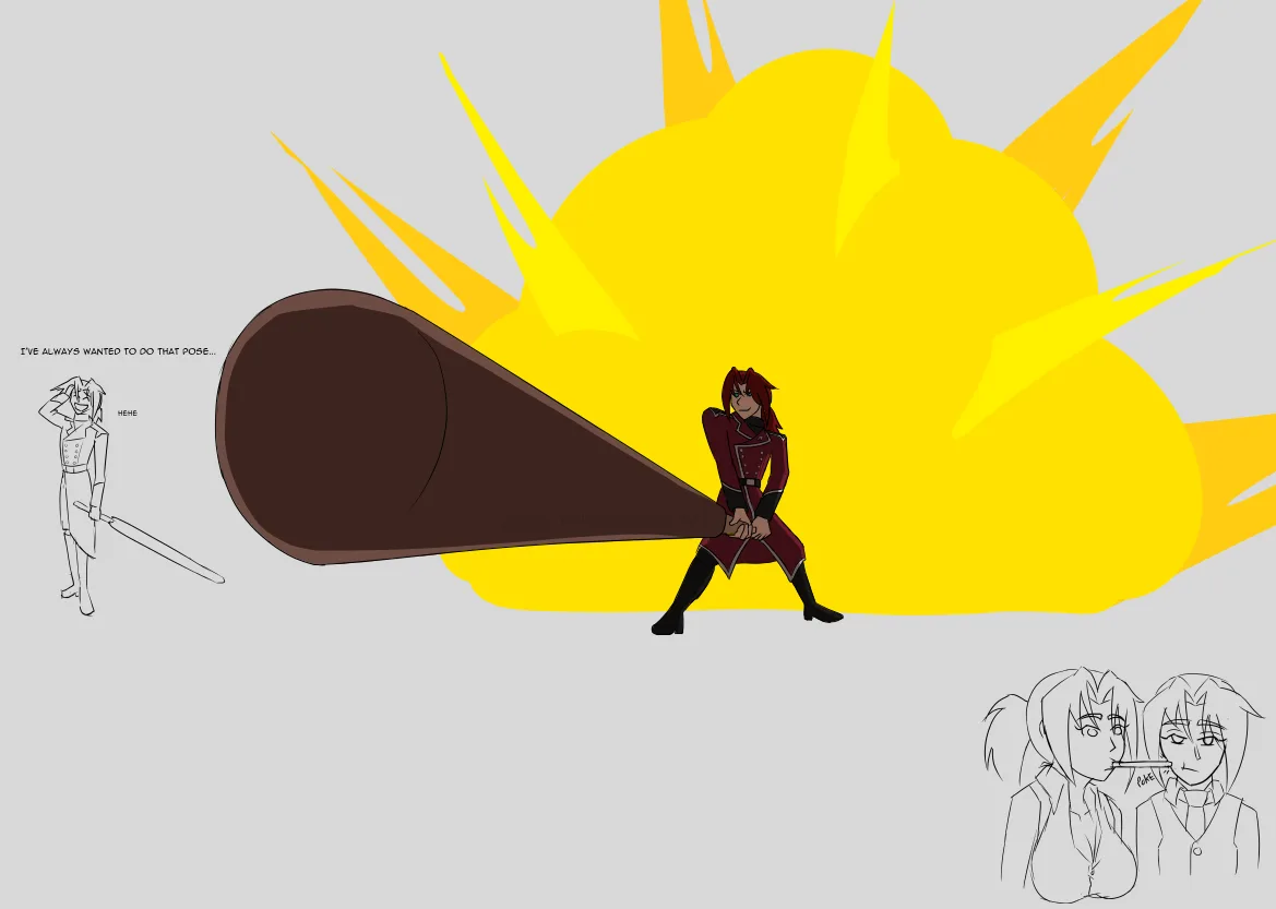 A colorful anime-style illustration shows a character in a red uniform wielding an oversized brown baseball bat, striking a…