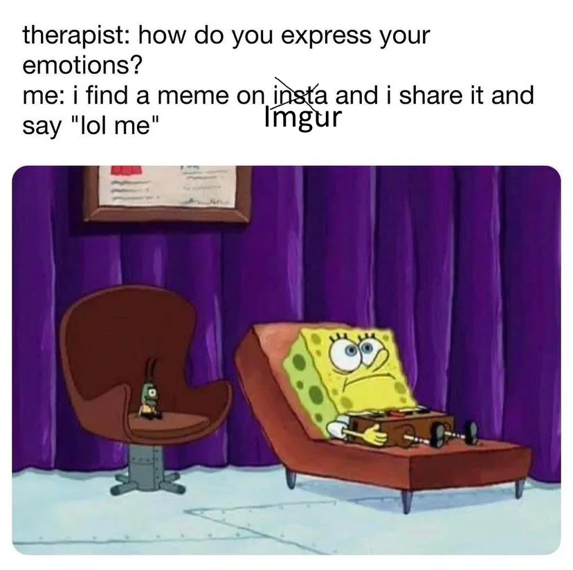 The image shows SpongeBob SquarePants lying on a therapist's couch looking bored and unimpressed, while a tiny figure sits…