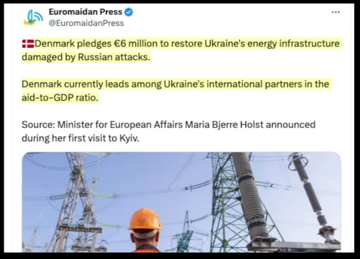 A screenshot of a tweet from Euromaidan Press shows text highlighting Denmark's €6 million pledge to restore Ukraine's…