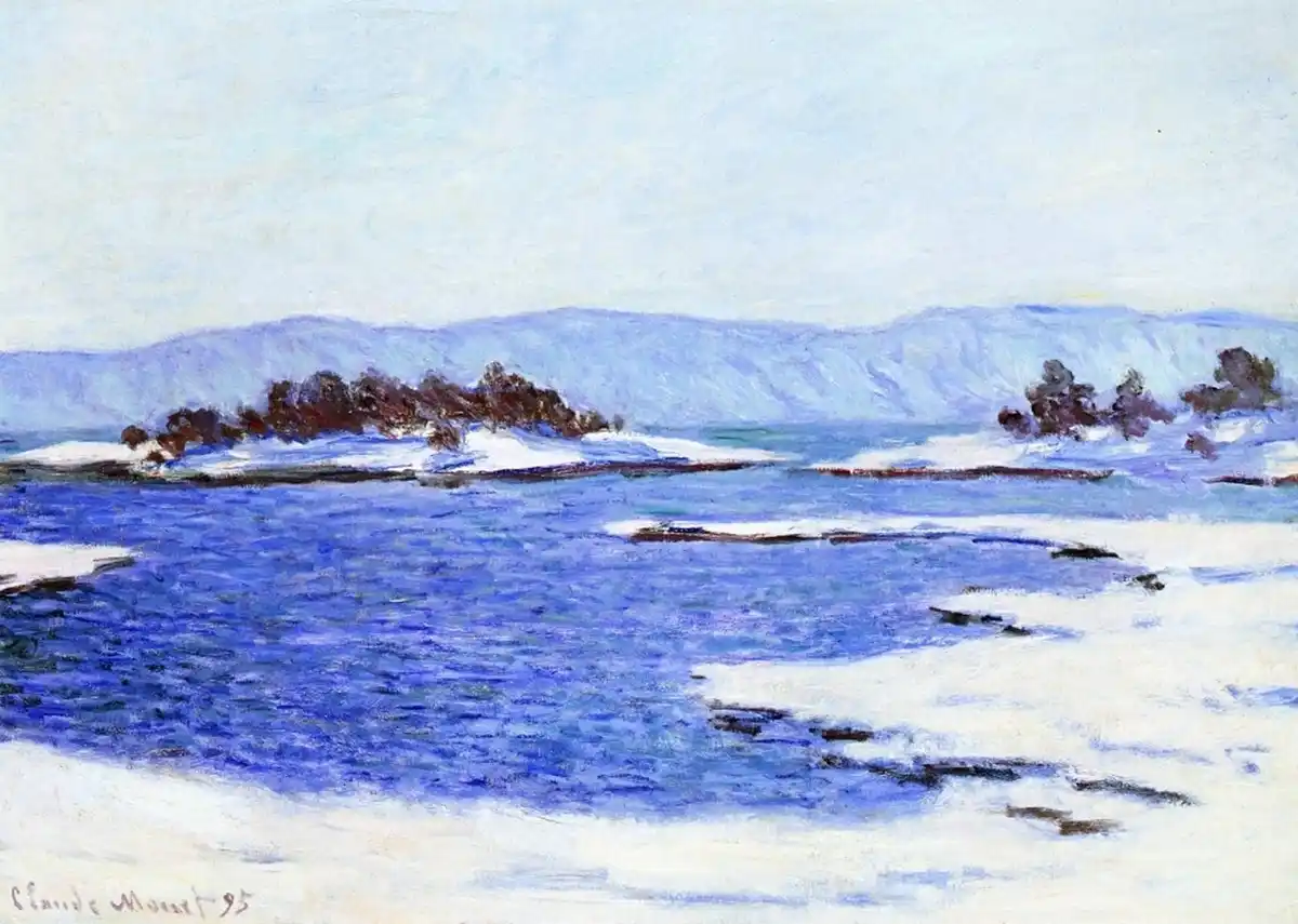 A snowy winter landscape painting by Claude Monet, signed 'Claude Monet 95' in the bottom left corner, featuring…