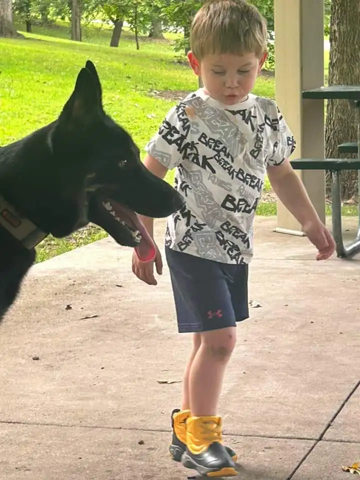 A young boy in a 'BREAK' graphic t-shirt and yellow boots stands beside a black German Shepherd dog that is licking his…