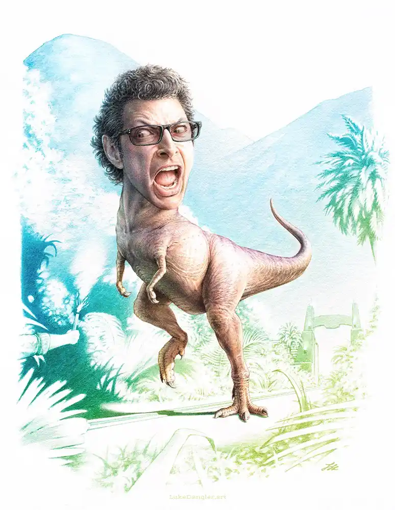 A cartoonish illustration shows a man with curly hair and glasses, his face superimposed on a bipedal dinosaur body…