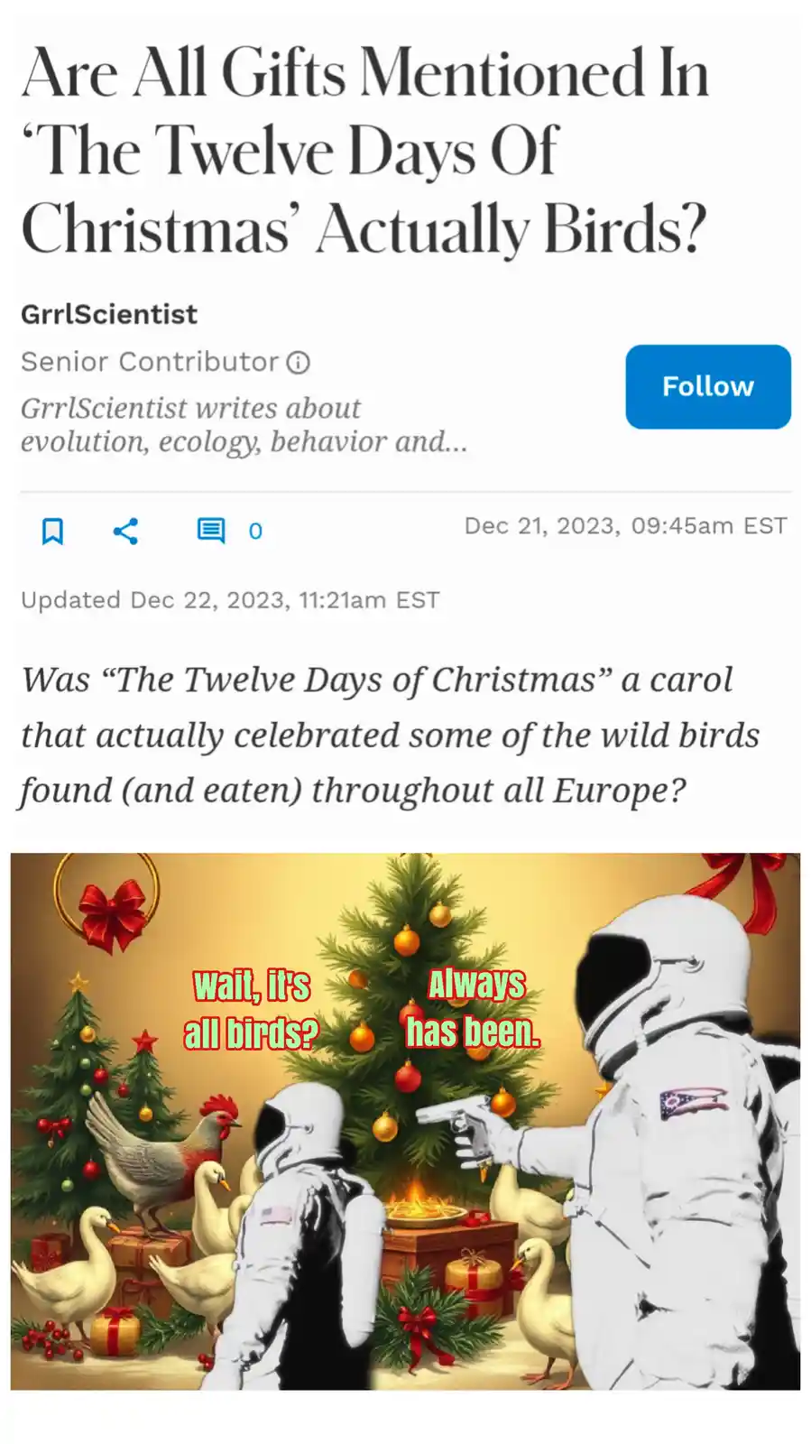 An image shows two astronauts in a Christmas setting with decorated trees, gifts, and various birds like geese and a…