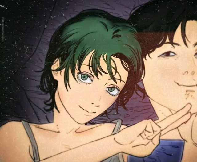 An anime-style illustration shows a green-haired woman with a gentle smile looking at the viewer while making a peace sign…