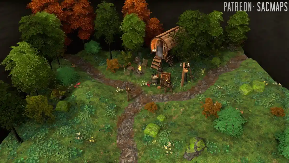 A top-down view of a cozy, rustic campsite nestled in a forest with autumn-colored trees, featuring a wooden wagon house, a…