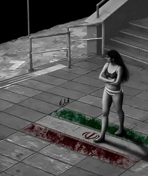 A black-and-white photo shows a woman in a bikini standing on a tiled floor with a digitally added, blood-stained Iranian…