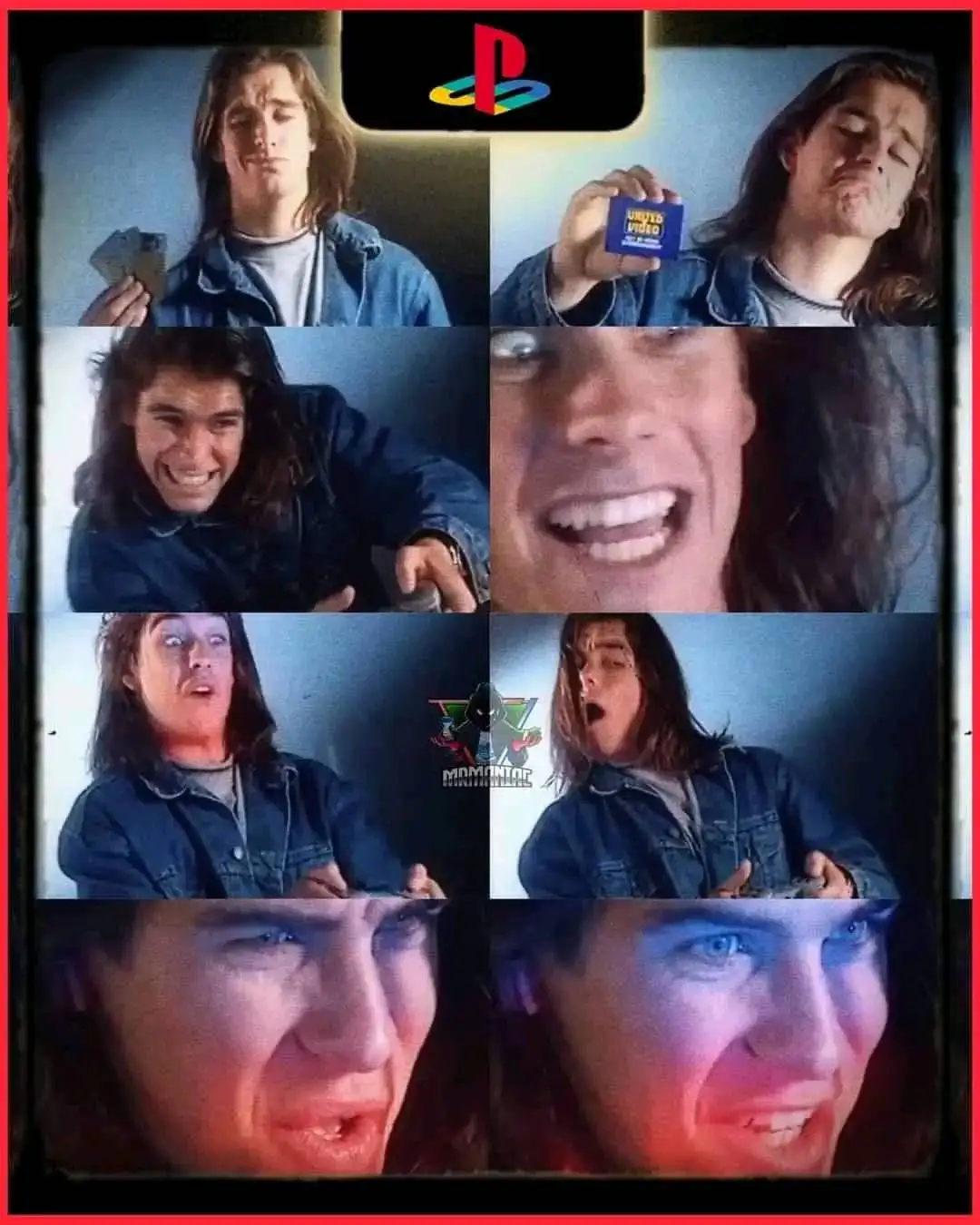 A six-panel grid shows a man with long hair in a denim jacket reacting to a video game. Top left: he holds game cartridges…