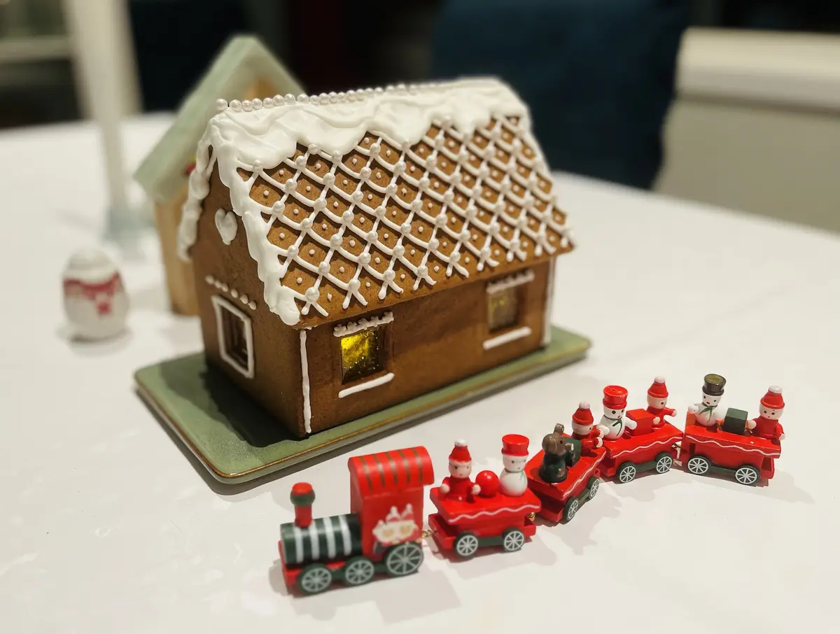 A festive gingerbread house decorated with white icing and pearl-like details sits on a green tray, with a small red toy…